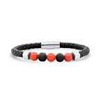 Braided Leather + Beaded Bracelet // Black + Red + Metallic