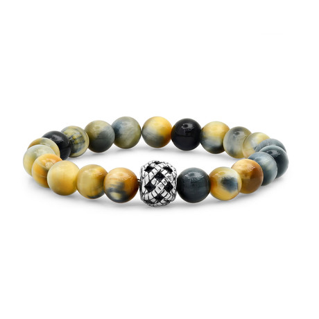 Anthony Jacobs // Tiger Eye + Stainless Steel Beaded Bracelet // Metallic + Gray + Yellow