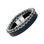 Leather + Hematite Bracelet // Set of 2 // Blue + Gunmetal