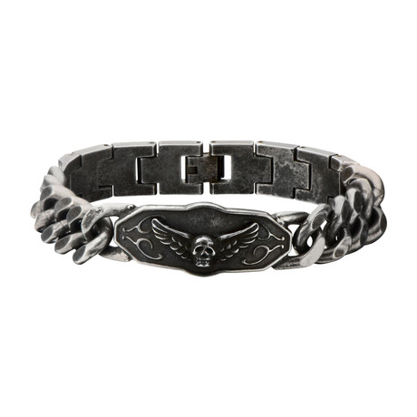 Skull Wings ID Bracelet // Oxidized Steel