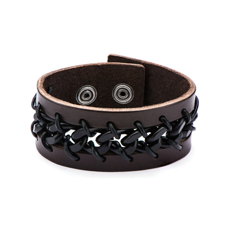 Chain + Stitched Leather Bracelet // Brown + Black