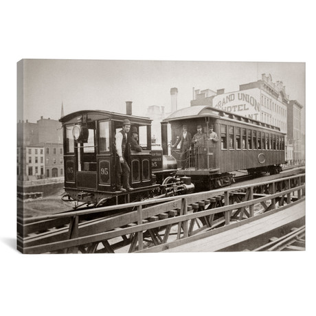 1880s Men On Board Elevated Locomotive & Passenger Car On East 42nd Street Grand Union Hotel In Background New York City USA // Vintage Images