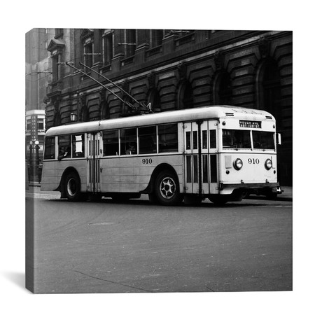 1930s-1940s Public Transportation Trackless Trolley Electric Bus About To Round Street Corner Cleveland Ohio USA // Vintage Images