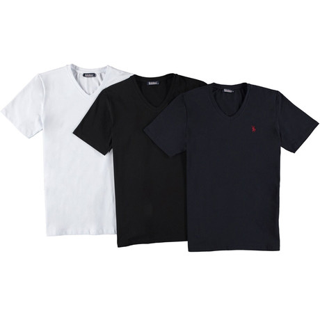 Set of 3 // V-Neck T-Shirts // White + Black + Dark Blue (S)