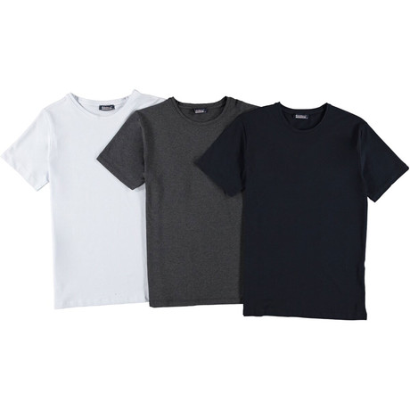 Set of 3 // Crewneck T-Shirts // White + Anthracite + Dark Blue (S)