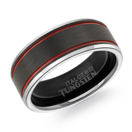 Tungsten Carbide Brushed Polished Band // Black + Silver + Red (7)