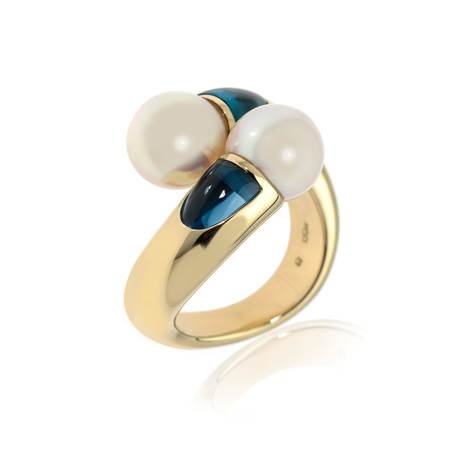 Mikimoto 18k Yellow Gold White South Sea Pearl + Blue Topaz Cocktail Ring // Ring Size: 7 // Store Display