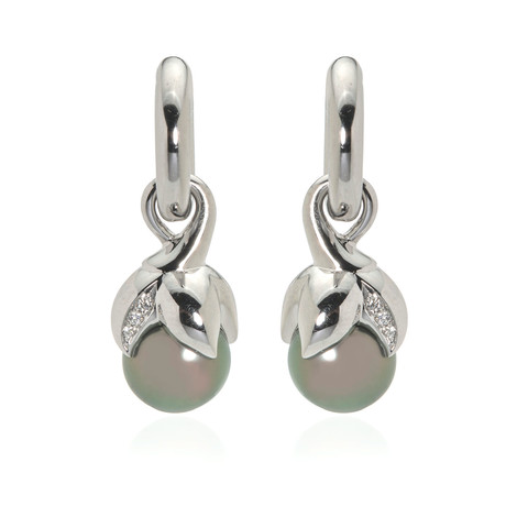 Mikimoto 18k White Gold Diamond + Black South Sea Pearl Dangle Earrings // Store Display