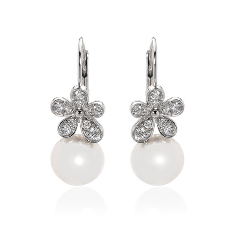 Mikimoto 18k White Gold Diamond + White South Sea Pearl Drop Earrings I // Store Display