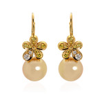 Mikimoto 18k Yellow Gold Diamond + Pearl Flower Drop Earrings // Store Display