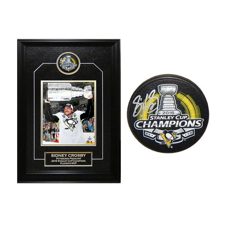 Sidney Crosby // Pittsburgh Penguins // Signed 2016 Stanley Cup Champions Logo Hockey Puck Shadowbox