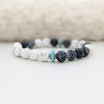 Weathered Agate + Howlite + Turquoise Bead Bracelet // Black + White + Blue