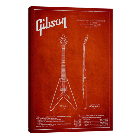 Gibson Electric Guitar Red Patent Blueprint // Aged Pixel (26"W x 40"H x 1.5"D)
