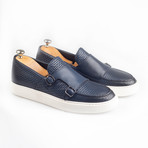 Textured Double Monk Strap Leather Sneakers // Navy (Euro: 40)