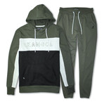French Terry Colorblock Pullover Hoodie + Jogger Pant Set // Olive + Black (L)