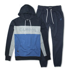 French Terry Colorblock Pullover Hoodie + Jogger Pant Set // Navy + Blue (M)
