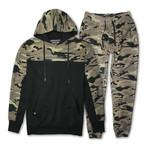French Terry Cut + Sew Hoodie + Jogger Pant Set // Camouflage + Black (L)