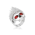 White Diamond + Ruby Feather Headdress Skull Ring // White Gold (10)