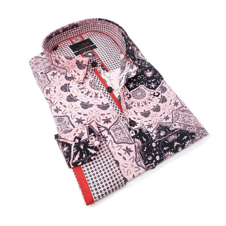 Printed Button-Up Long Sleeve Shirt // Pink (S)