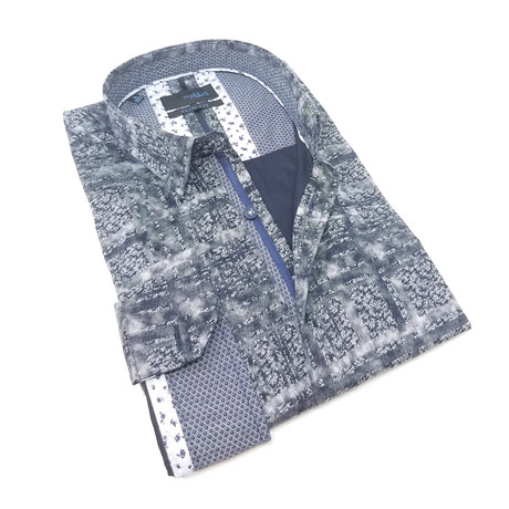 Printed Button-Up Long Sleeve Shirt // Navy (L)