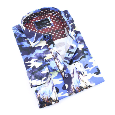 Camo + Horse Print Button-Up Long Sleeve Shirt // Dark Blue (S)