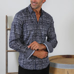 Printed Button-Up Long Sleeve Shirt // Navy (S)