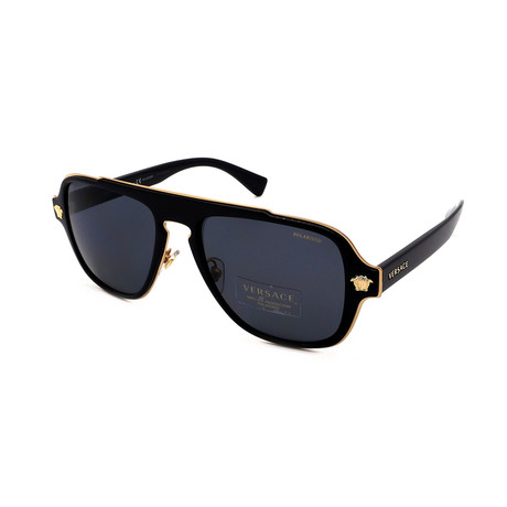 Versace // Men's VE2199 100281 Pilot Polarized Sunglasses // Black + Gold + Gray