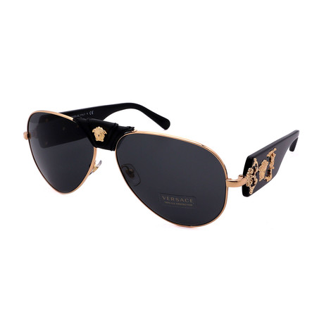 Mens Versace VE2150Q 100287 Aviator Sunglasses // Black Gold + Dark Grey