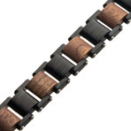 Stainless Steel + Walnut Wood Link Bracelet // Black + Brown