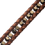 Braided Leather + Howlite Bead Bracelet // Brown + Gold