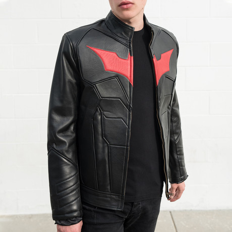 Batman Padded Motorcycle Leather Jacket // Black + Red Bat (XS)
