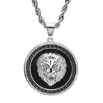Stainless Steel Simulated Diamond Lion Head On Greek Key Mount Pendant Necklace
