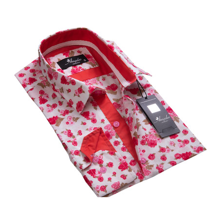 Floral Reversible Cuff Long-Sleeve Button-Down Shirt // White + Red (S)