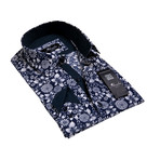 Floral Reversible Cuff Long-Sleeve Button-Down Shirt // Navy Blue + White (S)
