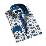 Paisley Reversible Cuff Long-Sleeve Button-Down Shirt V1 // White + Blue (S)
