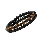 Braided Leather + Lava + Tiger Eye Beaded Bracelet // Set of 2 // Brown + Black