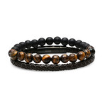 Braided Leather + Lava + Tiger Eye Beaded Bracelet // Set of 2 // Brown + Black