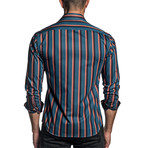 Long Sleeve Button-Up Shirt // Teal Stripe (S)