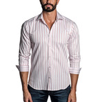 Long Sleeve Button-Up Shirt // White + Pink Stripe (L)
