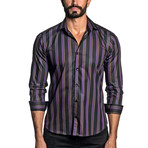 Long Sleeve Button-Up Shirt // Black + Purple Stripe (S)