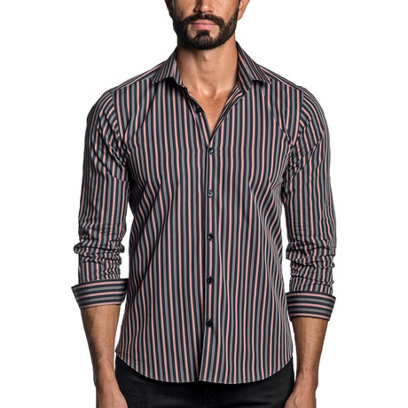 Long Sleeve Button-Up Shirt // Black + Pink Stripe (S)