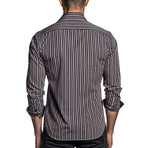 Long Sleeve Button-Up Shirt // Black + Pink Stripe (L)
