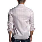 Long Sleeve Button-Up Shirt // White + Pink Stripe (M)
