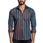 Long Sleeve Button-Up Shirt // Teal Stripe (L)