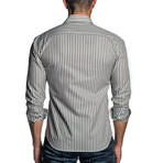 Long Sleeve Button-Up Shirt // Green + Brown Stripe (M)