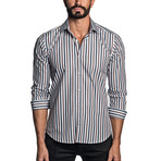 Long Sleeve Button-Up Shirt // White + Brown Stripe (M)