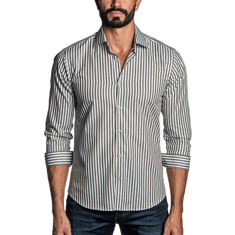 Long Sleeve Button-Up Shirt // Green + Brown Stripe (S)