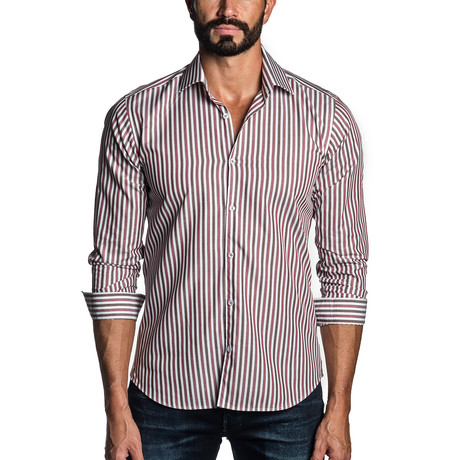 Long Sleeve Button-Up Shirt // Brown + Red Stripe (S)