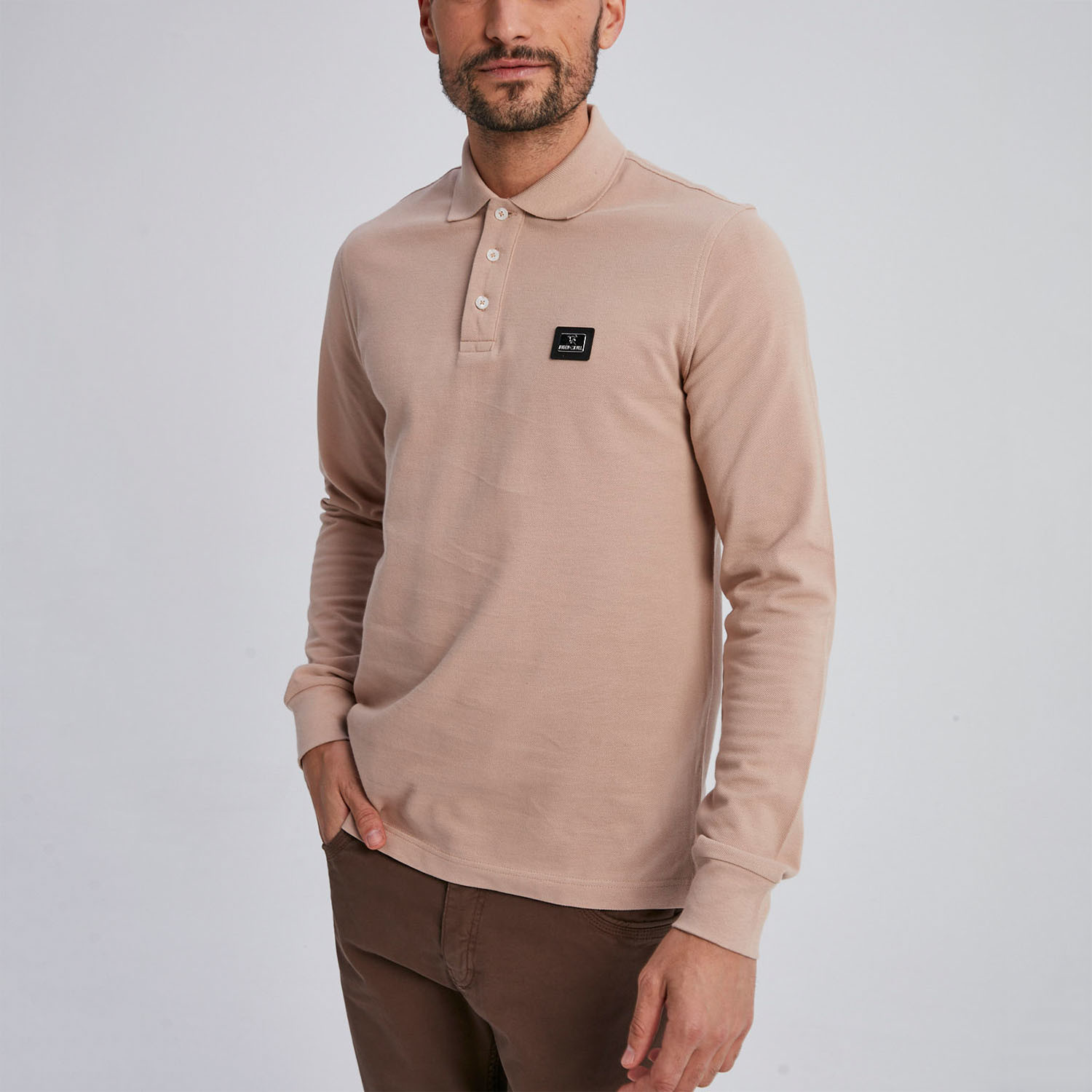 beige long sleeve polo