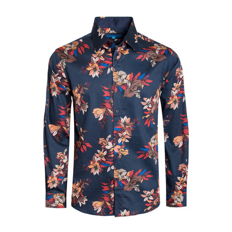 Positano Floral Long-Sleeve Shirt // Navy (S)